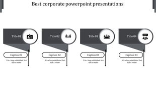 Corporate slide with four gray arrow shaped sections, each featuring a circular icon, title, and caption below.