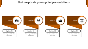 Corporate PPT presentation slide with orange accents, featuring icons for business roles, meetings, teams, and communication.