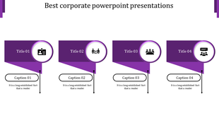 Purple themed layout with four segments showcasing icons, titles, and captions in a professional design.