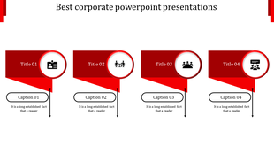 Corporate themed infographic with four red banners, each containing a business related icon and caption area.