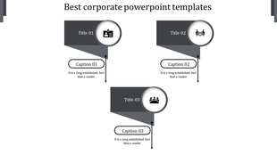 Corporate PPT slide in grayscale, featuring titles and captions with icons for business professionals, meetings, and teams.