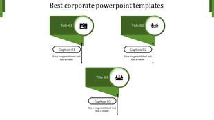 Corporate slide with three green banners, featuring circular icons and captions connected by downward arrows.