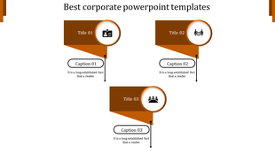 Corporate themed slide with three brown banners, each containing an icon, title, and caption areas.