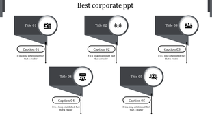 Corporate PPT slide featuring five titles and captions, with icons such as a business card, group discussions, and meetings.