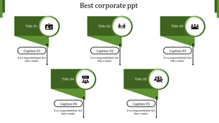 Green themed corporate layout with five sections, each with icons, titles, and captions on a white background.