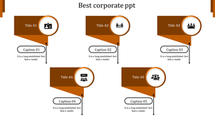 Corporate PowerPoint template with five titles and captions, including icons for business profiles, teamwork, and meetings.