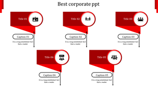 Corporate infographic with five red banners, each featuring a title, circular icon, and connected captions below.