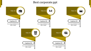 Corporate slide with five yellow banners featuring circular icons and captions arranged in a grid layout on white background.