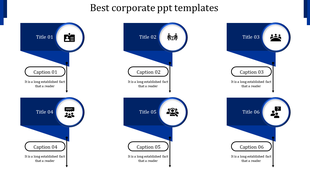 Blue themed corporate infographic with six sections, each containing titles, icons, and captions connected by arrows.