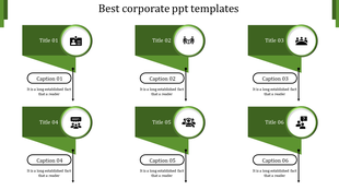 Best corporate PowerPoint template with six green titles and circular icons, including captions with placeholder text.