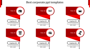 Best corporate PowerPoint template with six red titles and circular icons, including captions with placeholder text.