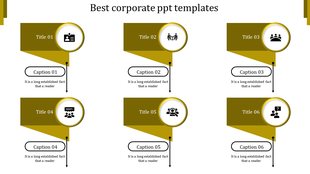 Professional slide design with six yellow pointer banners, each linked to captions and circular icons on a white background.