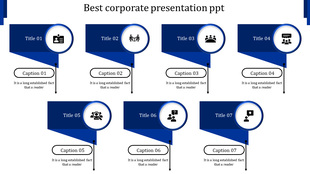Corporate slide with seven blue banners featuring circular icons, titles, and captions connected by downward arrows.