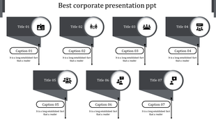 Corporate slide with eight step banners, circular icons, and captions arranged in two rows for visual alignment.