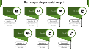 Best corporate PowerPoint template with seven green titles and corresponding captions with icons.
