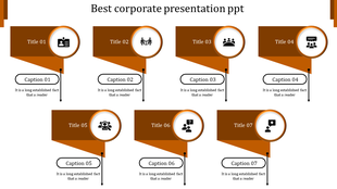 Orange themed layout with seven sections, each with a circular icon, title, and caption, on a white background.