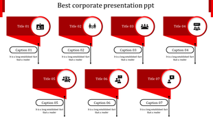 Red corporate PowerPoint template with seven red titles and corresponding captions with icons.