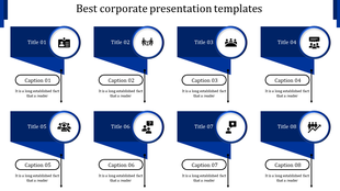 Corporate PPT presentation template featuring eight blue titles with corresponding captions and icons.