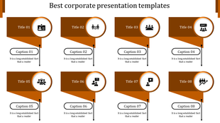 Corporate PPT presentation template featuring eight orange titles with corresponding captions and icons.