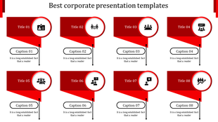 Business process infographic with eight sections, each showing a red banner, circular icon, and caption linked with arrows.
