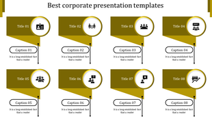 Corporate PPT presentation template featuring eight yellow titles with corresponding captions and icons.
