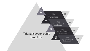 Triangle diagram PowerPoint slide with four sections, each representing a step with gray icons and placeholder text.
