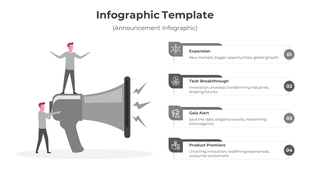 Monochrome infographic slide featuring a megaphone and four announcement sections with gray icons.