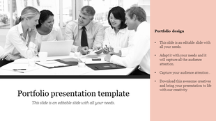 Portfolio presentation slide with a group meeting image on the left and a pink text section on the right.