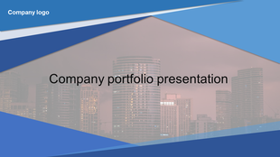 Business portfolio template with urban skyline and overlapping blue geometric design elements.