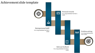 Achievement slide featuring interconnected bars with icons and text captions from interpersonal skills to problem solving.