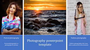 Three column layout with portrait, ocean sunset, and fashion photos, each labeled with photography type.