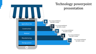 Slide features a phone with blue striped canopy and five layered sections with icons representing various sectors.