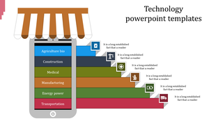 Technology PowerPoint slide showing various industry sectors from agriculture bio to transportation with icons.