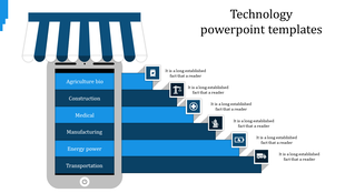 Technology slide with blue mobile display and industry icons on steps each placed with caption areas.