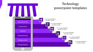 Purple technology slide with a phone under a striped canopy and stair like sections labeled for six industries.