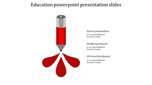 Education slide featuring a red pencil graphic with three droplet shapes below, representing key educational concepts.