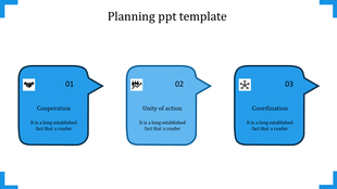 White layout featuring three blue speech bubble designs with numbered steps and corresponding icons.