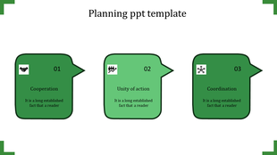 Green planning template with three speech bubbles labeled cooperation, unity of action, and coordination.
