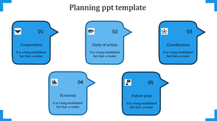 Five step blue speech bubble design illustrating planning stages with icons and captions areas placed in white backdrop.
