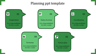 A green themed PowerPoint planning featuring speech bubbles with sections from cooperation to future plan with icons.