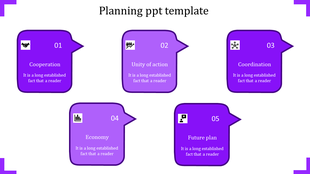 Five purple speech bubble shapes in a staggered layout, each representing a step with icons and sequential numbering.