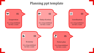 A red themed PowerPoint planning slide with speech bubbles from cooperation to future plan with icons and placeholder text.