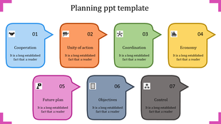A colorful PowerPoint planning template featuring seven sections from Cooperation to Control with icons and placeholder text.