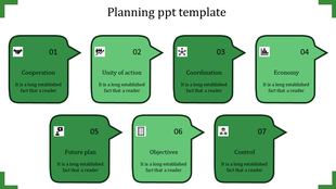 A green themed PPT planning template featuring seven sections from Cooperation to Control with icons and placeholder text.