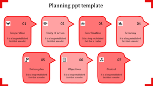 A red themed PPT planning template featuring seven sections from Cooperation to Control with icons and placeholder text.