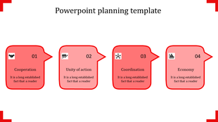 A PPT planning template featuring red speech bubbles from cooperation to the economy, each with an icon and text area.