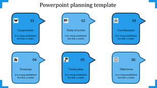 A blue themed PowerPoint planning template featuring six sections from the Cooperation to Objectives with icons.
