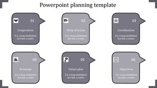 Six step planning template with grey speech bubbles, icons, and sections placed in white backdrop with caption areas.