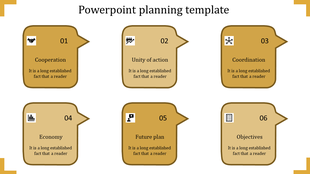 A yellow themed PowerPoint planning template featuring six sections from the Cooperation to Objectives with icons.