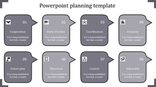 Gray dialogue box design with eight steps labeled from cooperation to adjustable placed in a white backdrop.